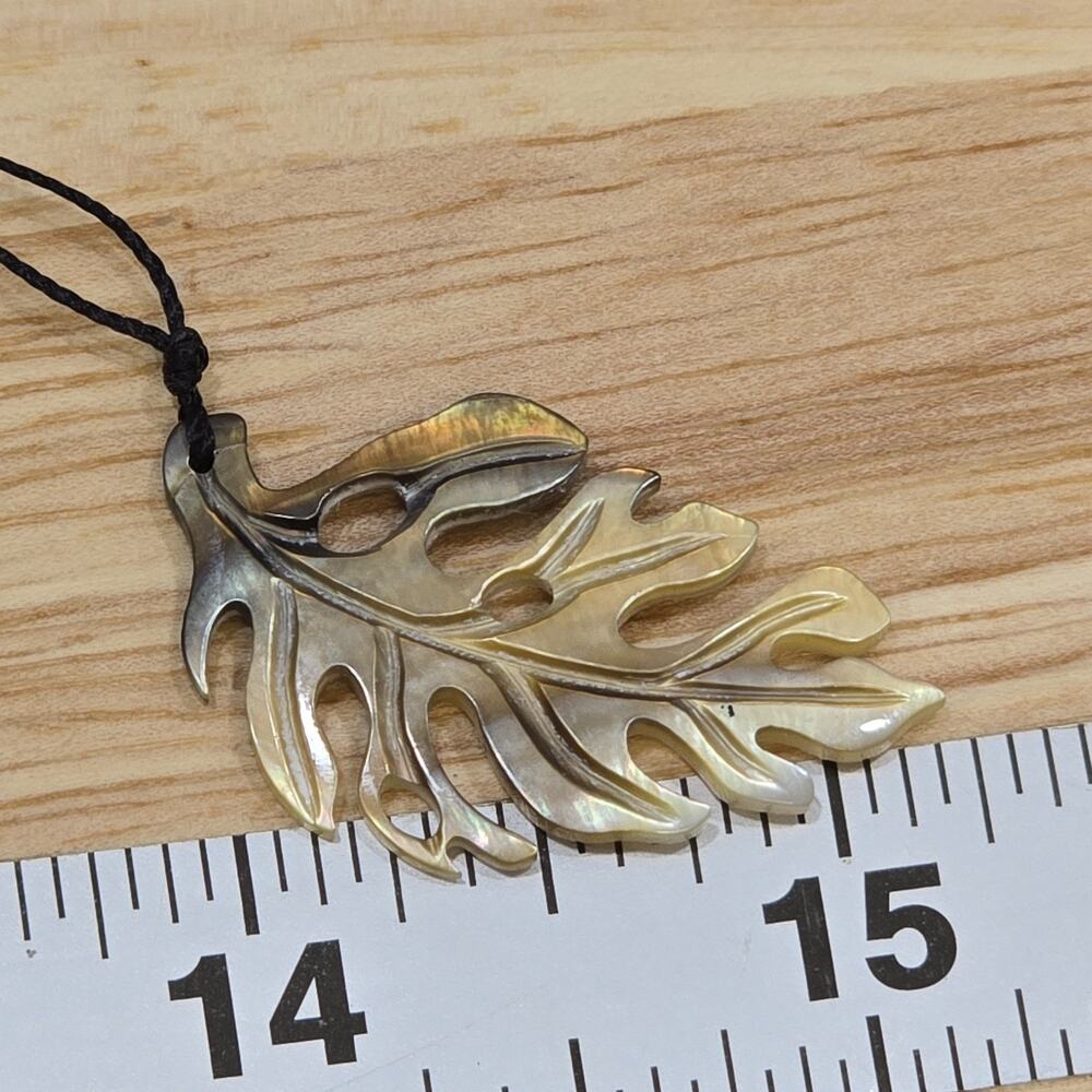Carved Oyster Shell Hawaiian Monstera Pendant Delicate 17" Cord Necklace - Picture 9 of 11